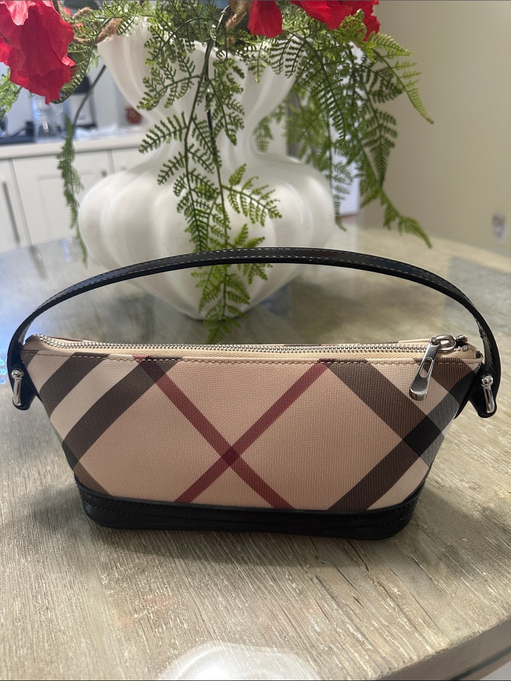 Burberry tan Plaid Wristlet with Black Trim